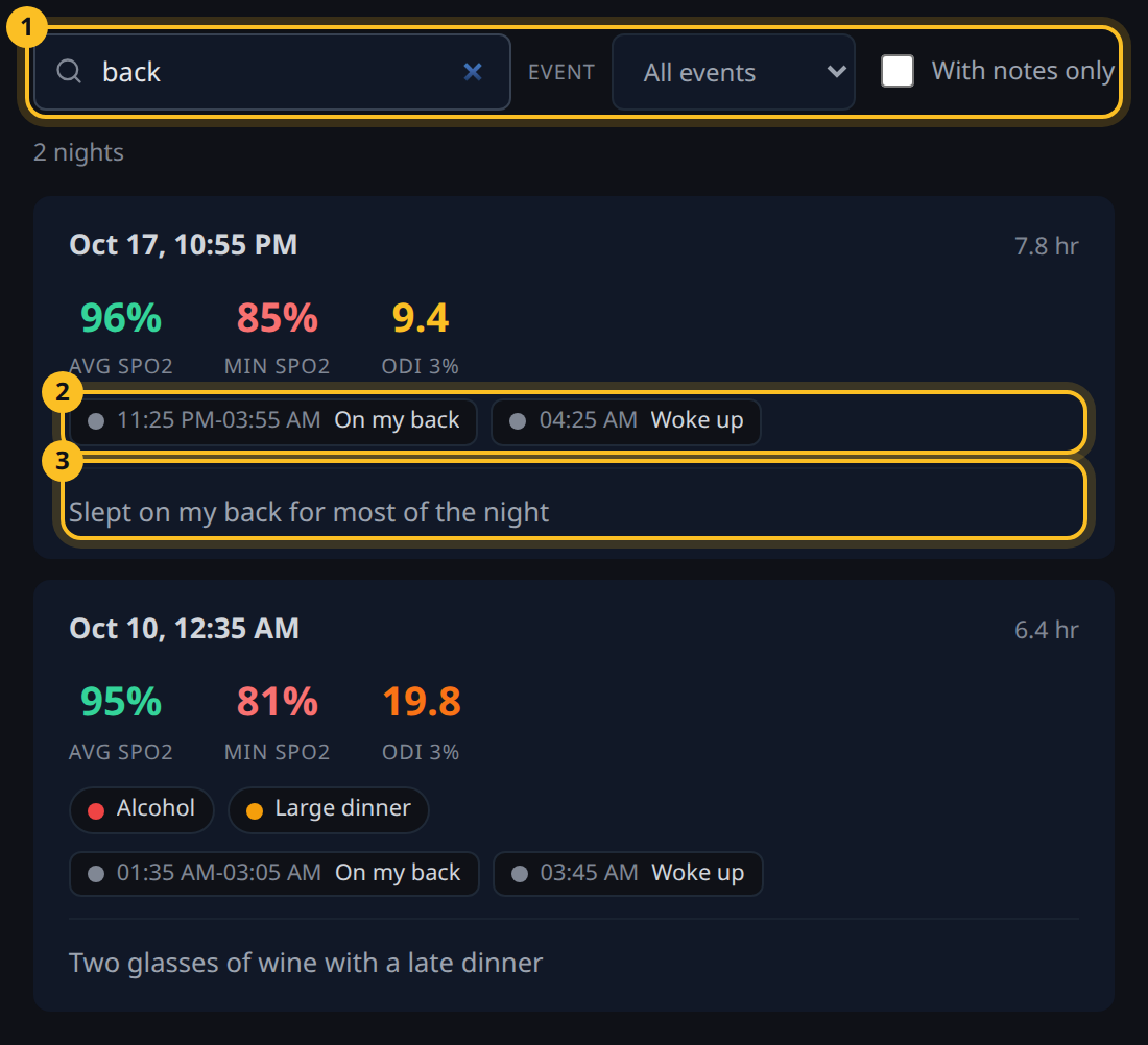 The Nights tab, filtered by a search for 'back'.
